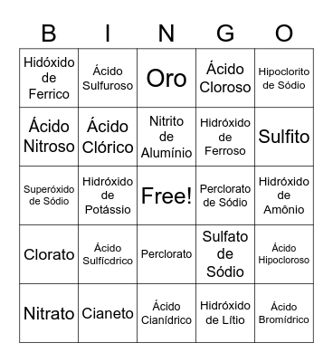 Bingo Químico Bingo Card