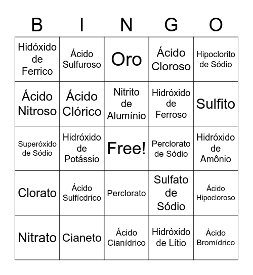 Bingo Químico Bingo Card