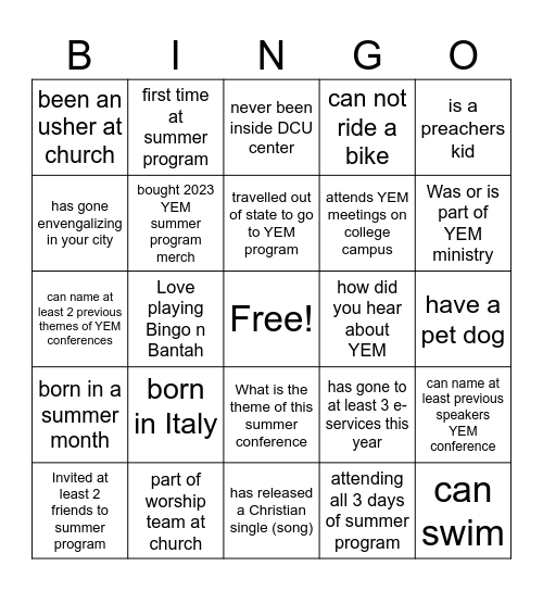 Bingo N' Bantah Bingo Card