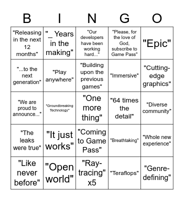 Xbox Event Bingo Card