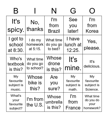 Grade 5 Bingo Card