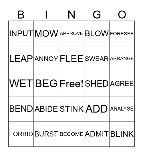 VERBS Bingo Card