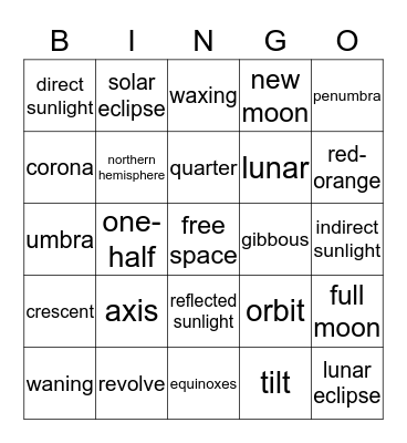 Earth and the Solar System Bingo Card