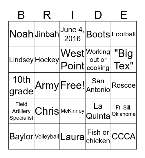Laura and Chris......Wedding Bingo Card