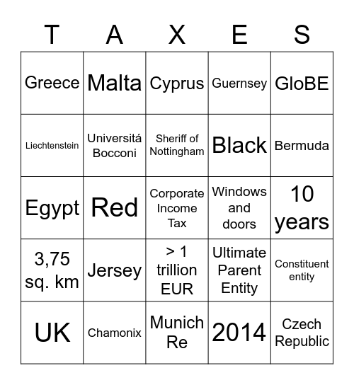 Tax Bingo Card