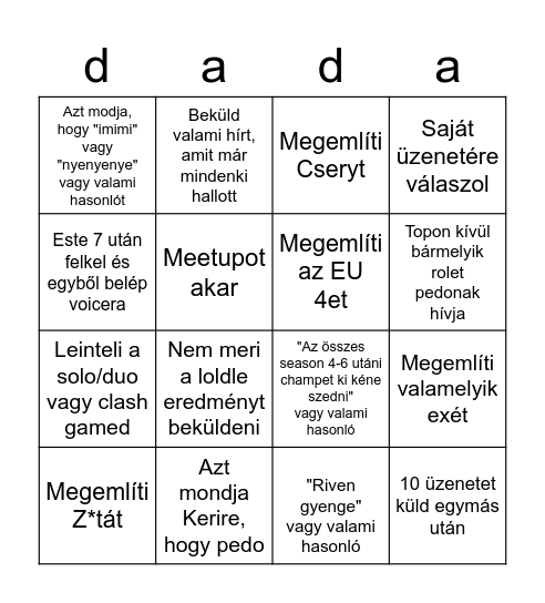 Dadacin Bingo xdd Bingo Card