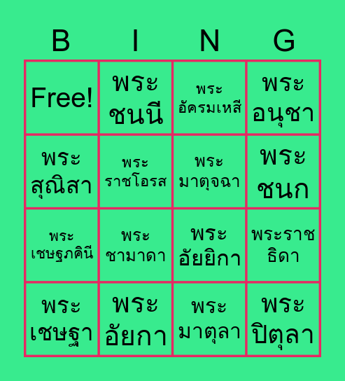 ราชาศัพท์ : เครือญาติ Bingo Card