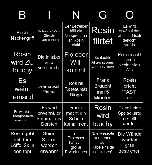 Rosins Restaurant Bingo Card