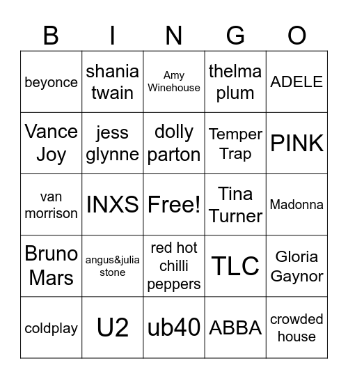 Sing Me The Song Bingo Card