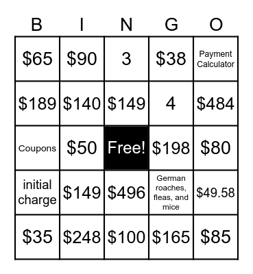 Pest and Mosquito Pricing Bingo Card