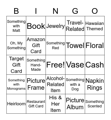 Bridal Gift Bingo Card