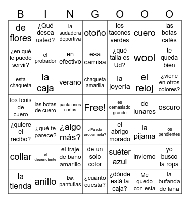La ropa Bingo Card