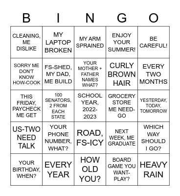 ASL 2 COURSE WRAP UP, PART III Bingo Card