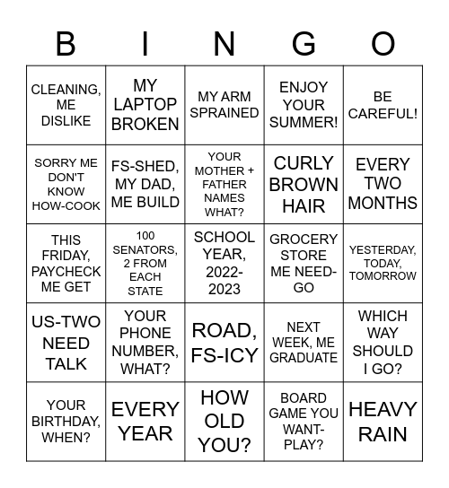 ASL 2 COURSE WRAP UP, PART III Bingo Card