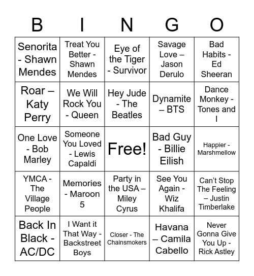 Music Bingo Card