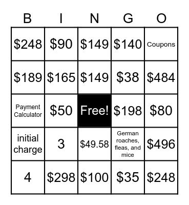 Pest and Mosquito Pricing Bingo Card