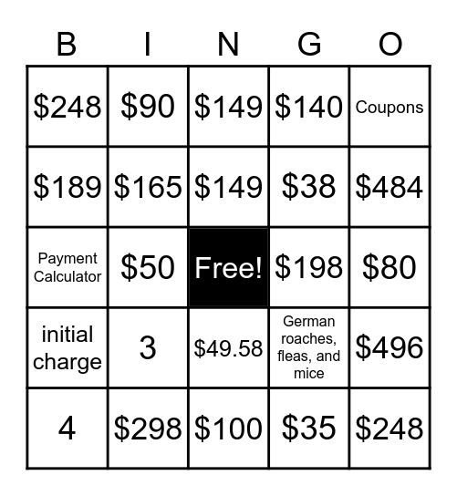 Pest and Mosquito Pricing Bingo Card