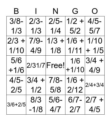 Fraction Bingo! Bingo Card