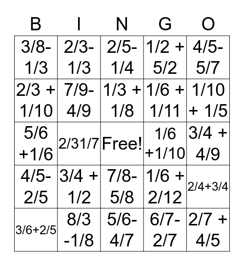 Fraction Bingo! Bingo Card