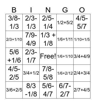 Fraction Bingo! Bingo Card