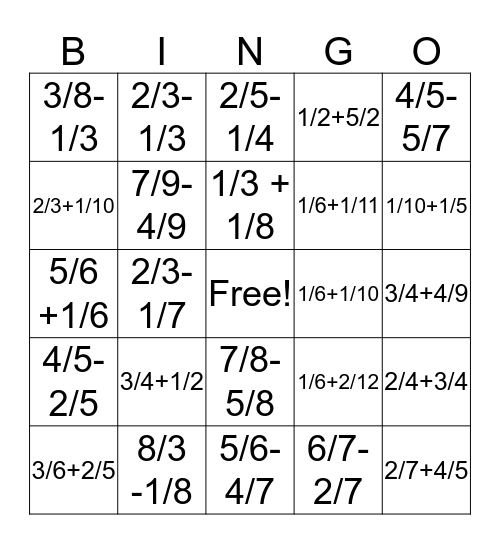 Fraction Bingo! Bingo Card