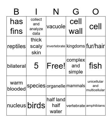 Science Animal Classification Bingo Card