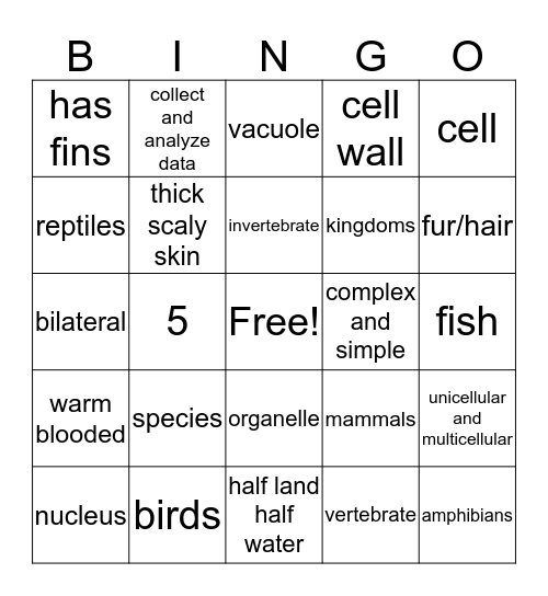 Science Animal Classification Bingo Card