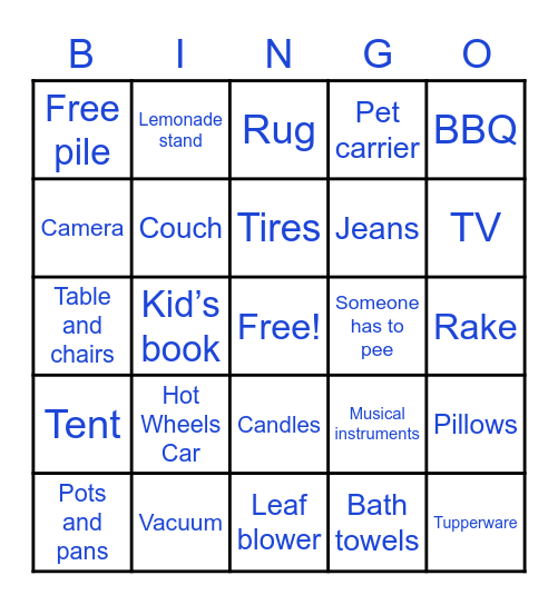 Yard Sale Bingo Card