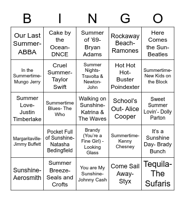 Songs of Summer Bingo Card