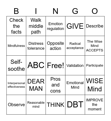 DBT Skills Bingo Card