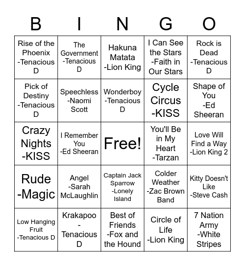 Song Bingo Card