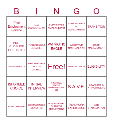 VOCATIONAL REHABILITATION BINGO Card