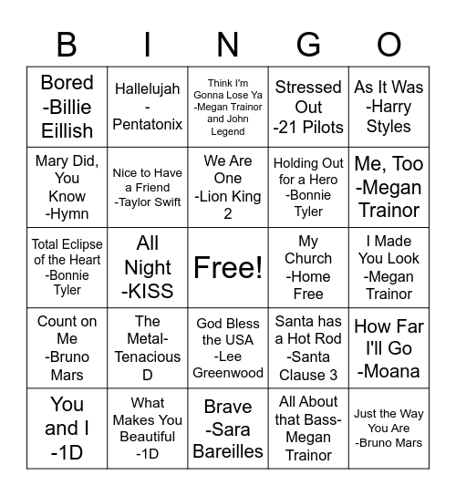 Musical Bingo Card