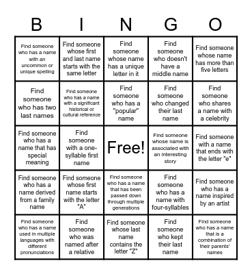 Namesake Bingo Card