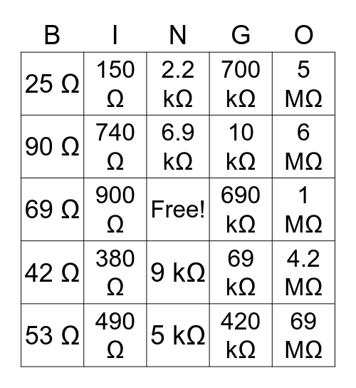 Resistor Bingo Card