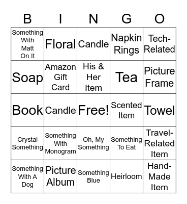 Bridal Gift Bingo Card