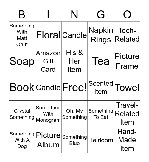 Bridal Gift Bingo Card