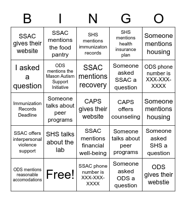 George Mason University Health and Wellness Panel Bingo Card