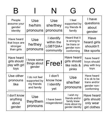 Gender Sterotypes Bingo Card