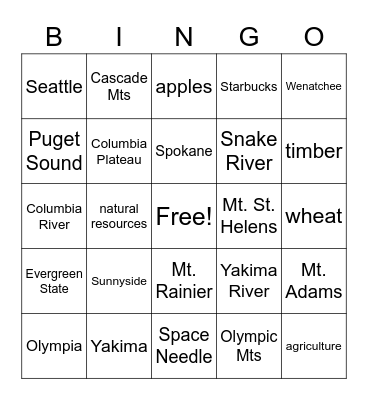 WASHINGTON STATE Bingo Card