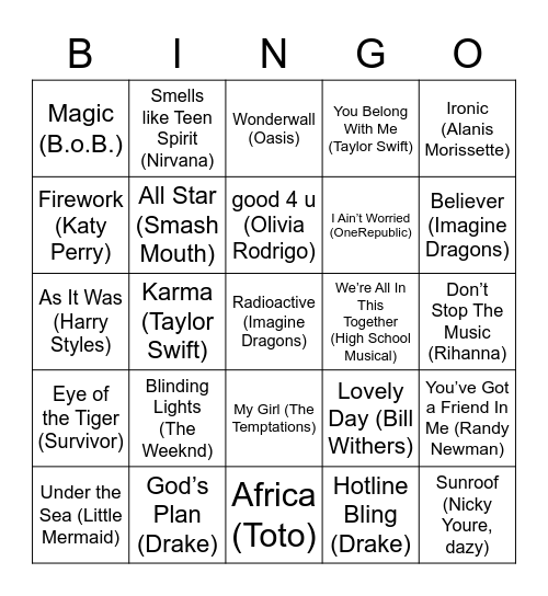 MUSIC BINGO Card