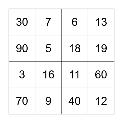 Spanish Numbers Bingo Card