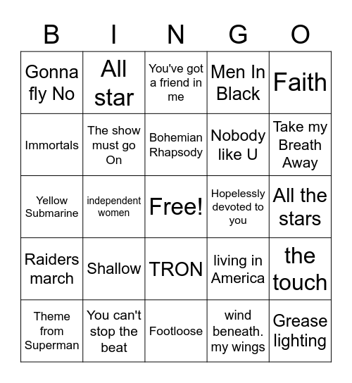 Movies songs Bingo Card