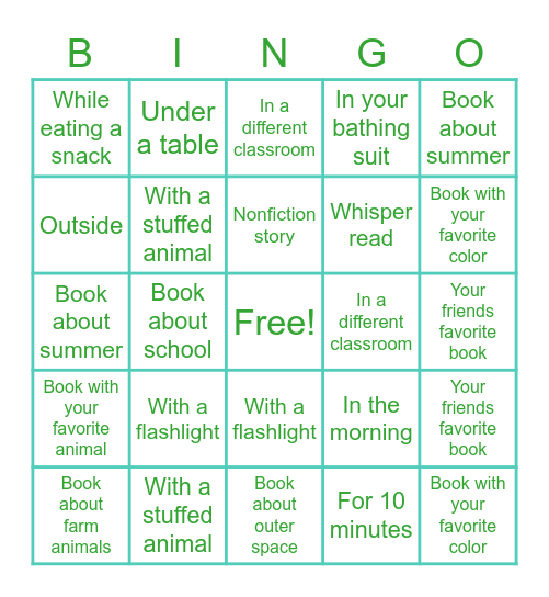 Summer Reading- Kindergarten Bingo Card