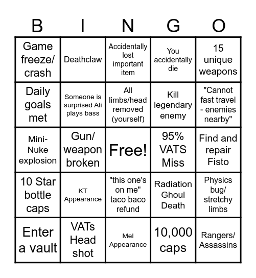 Fallout: New Bingo Card