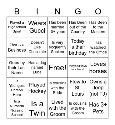 Wedding Bingo Card