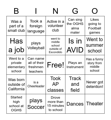 Highschool Bingo Card