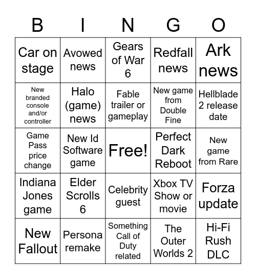 Xbox Games Showcase & Starfield Direct Bingo Card