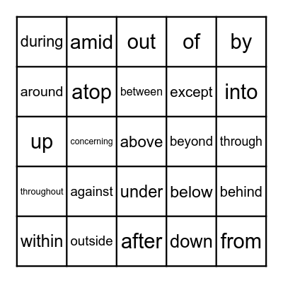 Prepositions Bingo Card