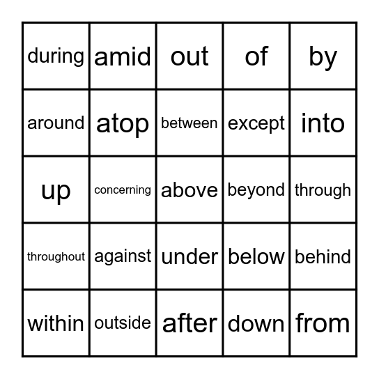 Prepositions Bingo Card